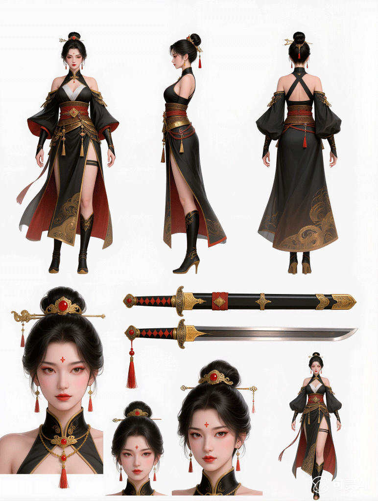 可灵AI  |  一套古风武侠女角色的AI设定集（角色三视图+服饰拆解+多表情特写）