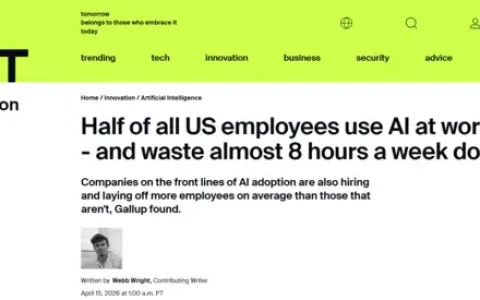 半数美国员工在工作中使用AI 每周因此浪费掉将近8小时