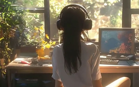 窗前听音乐的长发女孩